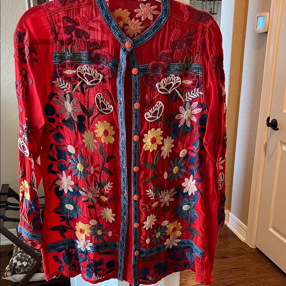 Johnny Was Red Floral Embroidered Top